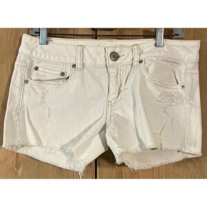 American Eagle Denim Shorts Womens 6 White Excellent Distressed Raw Hem Stretch